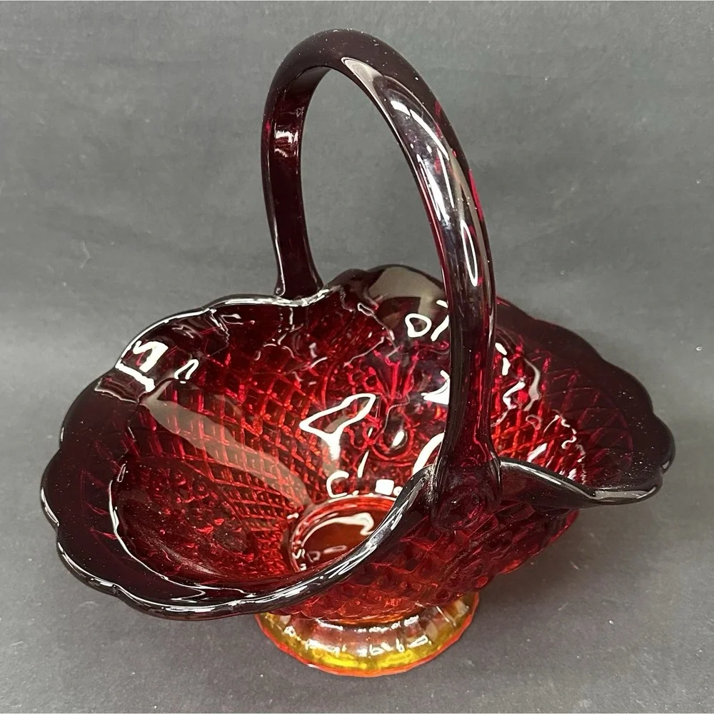 Indiana Glass Canterbury Sunset Amberina Basket, Vintage Mid‎ 20th Century